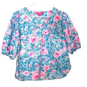 Lilly Pulitzer Ivee Bondi Blue My Little Peony Floral Horse Blouse Size XS